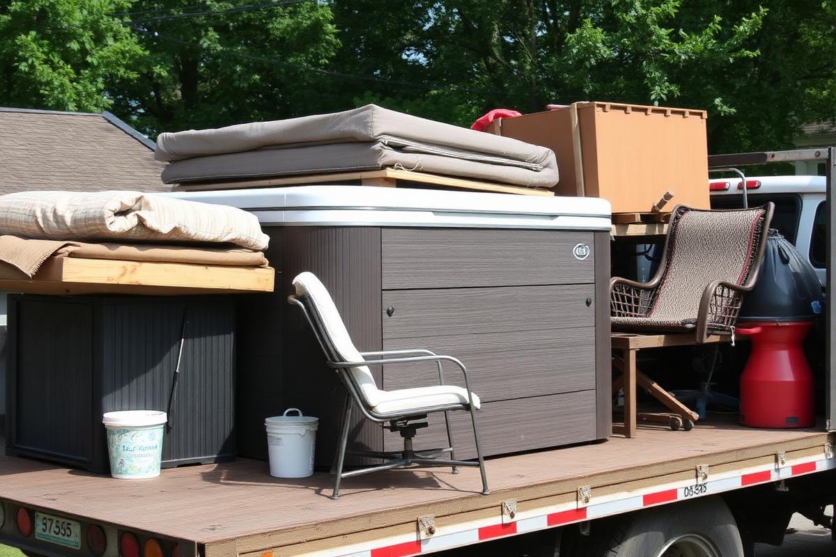 Bulk items including hot tub and garden equipment on a truck