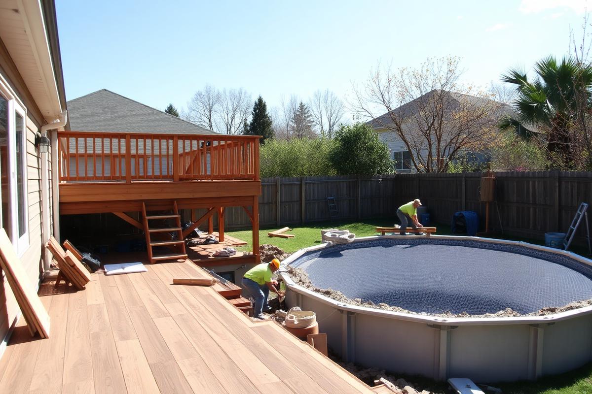 Above-ground pool and wooden deck ready for removal