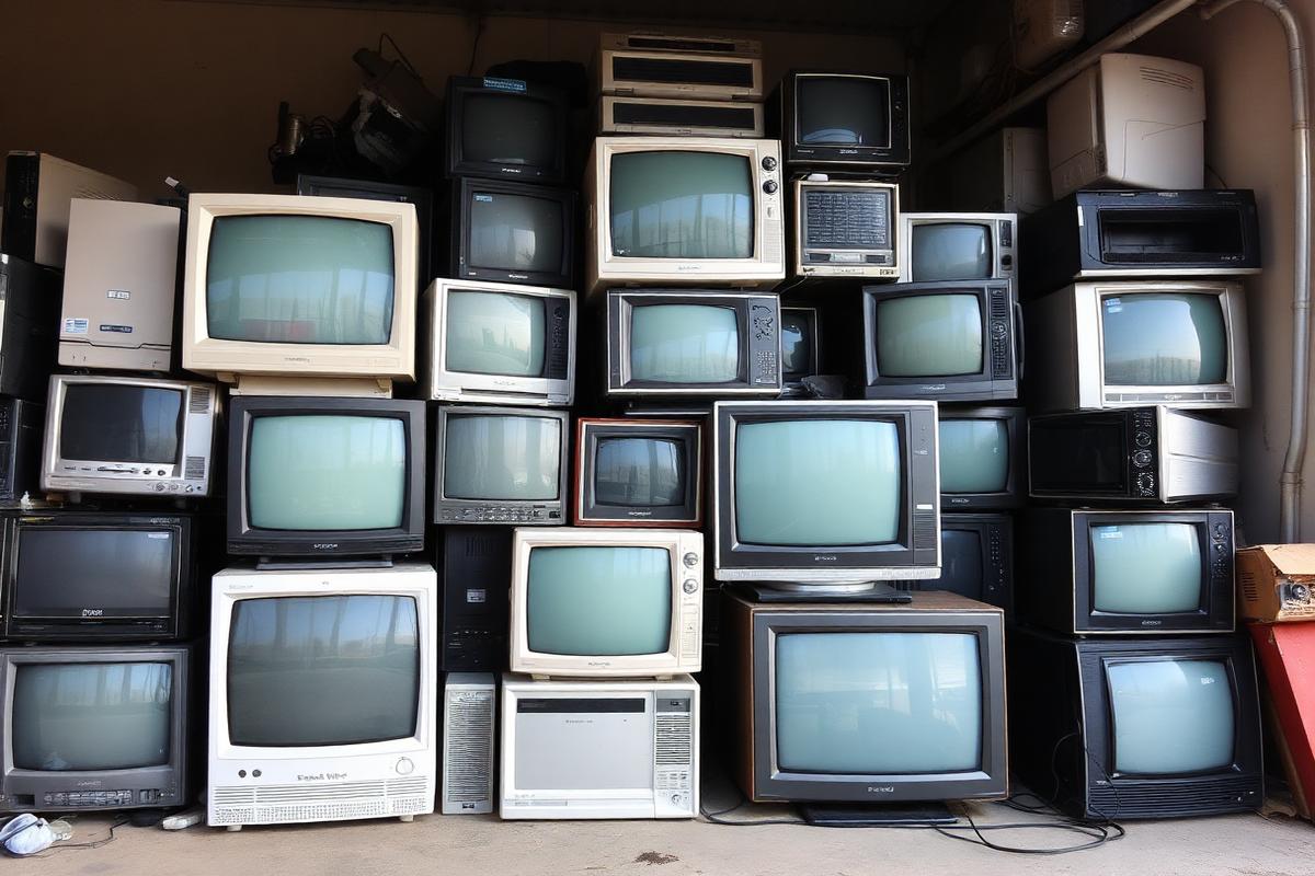 Old televisions and computer monitors stacked for e-waste removal