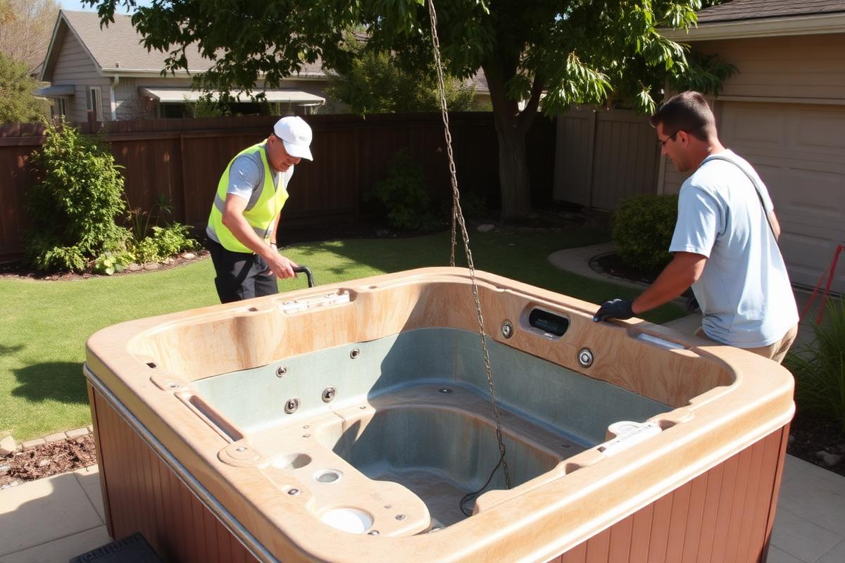 JunkGuys team removing a hot tub from a backyard