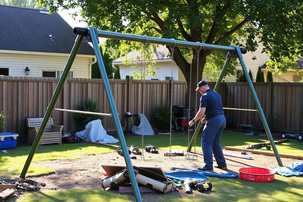 JunkGuys crew dismantling a backyard jungle gym