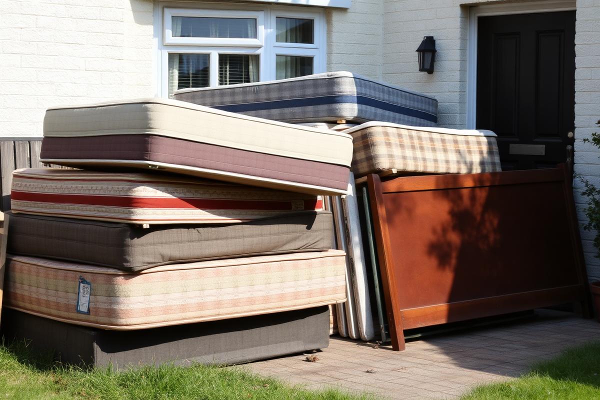 Stack of old mattresses outside a home