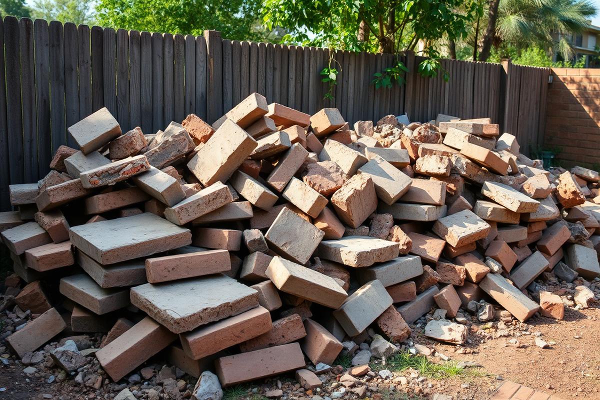 Pile of broken concrete and bricks in a backyard