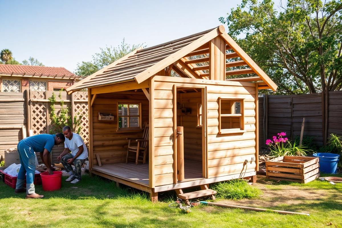 Wooden Wendy house being dismantled in a garden